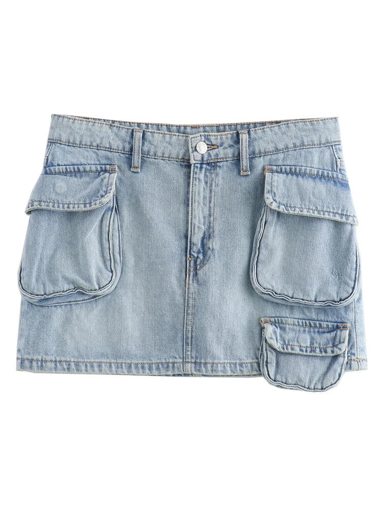 KAOPU ZA Women patch pockets denim cargo mini skirt vintage mid-rise zip fly female skirts mujer