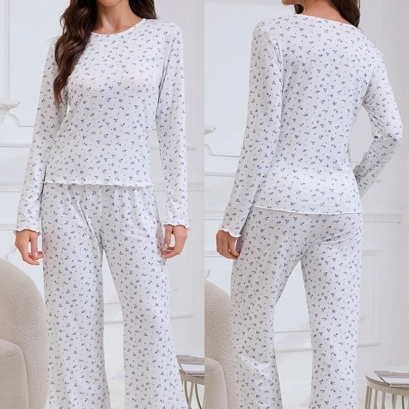 Krismile Print 2 Piece Pajama Sets for Women 2025 Spring Autumn Casual O Neck Long Sleeve Short Top Straight Pants Home Clothes