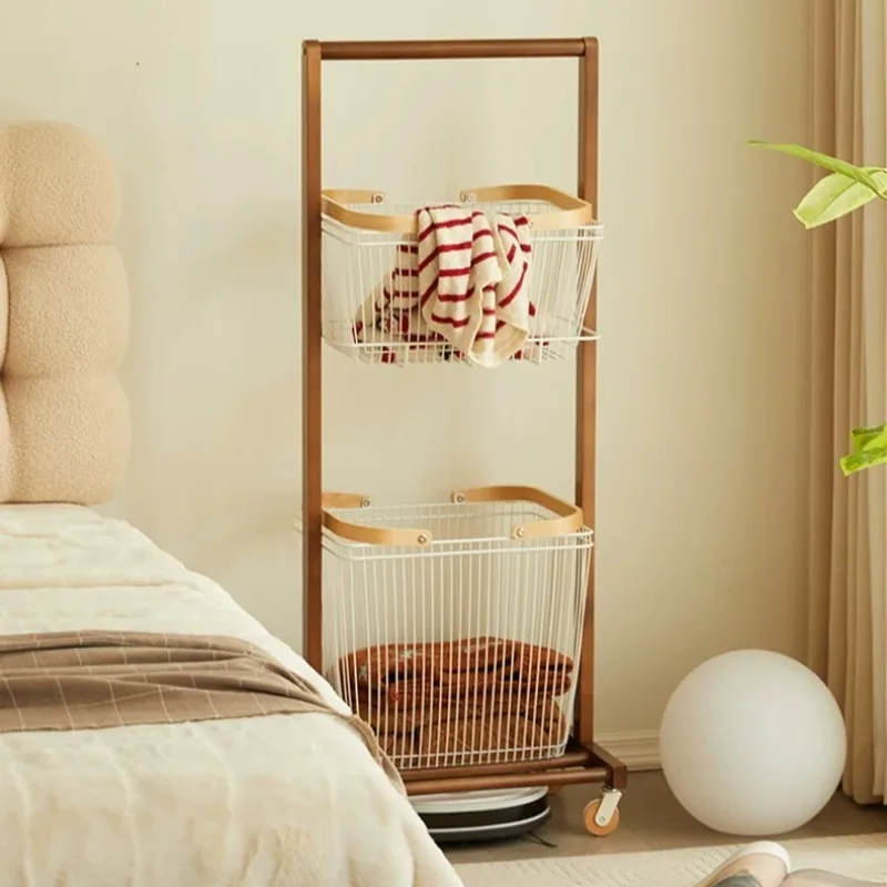 Solid Wood Dirty Laundry Basket Movable Floor-standing Storage Clothes Rack Portable Double-decker Laundry Basket Home Furniture