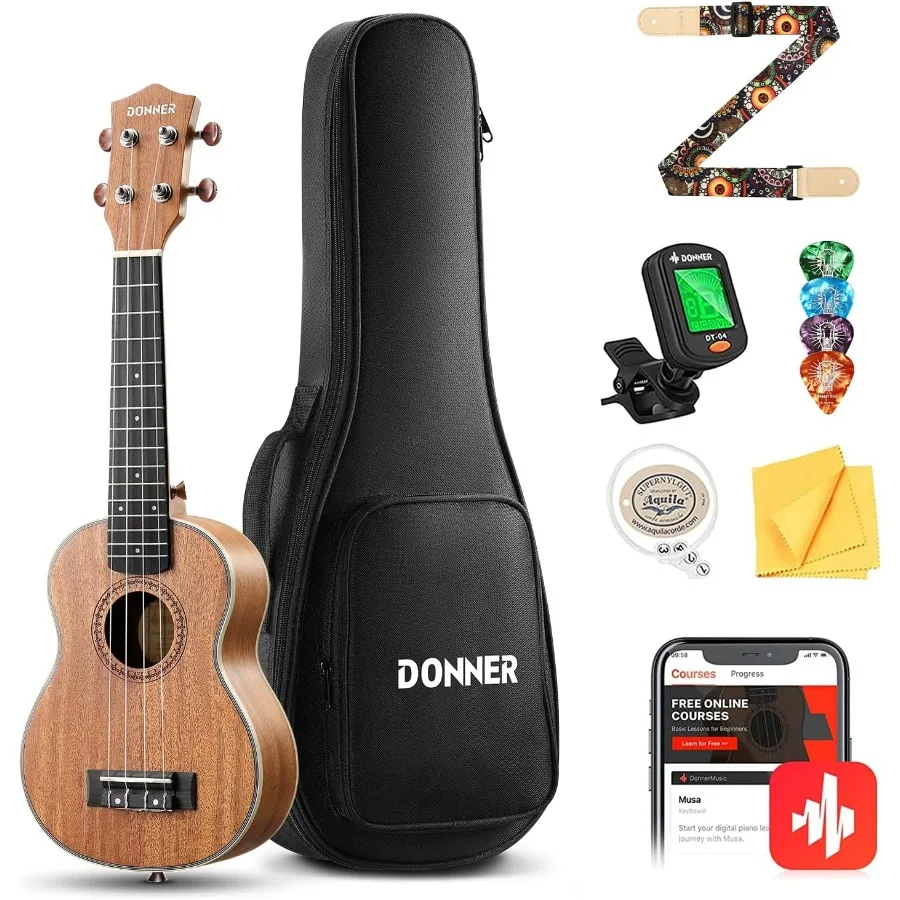 

Soprano Ukulele in Mahogany Wood with 21 Inch Size Perfect for Beginners Complete Starter Kit Includes Free Online Lessons Dura