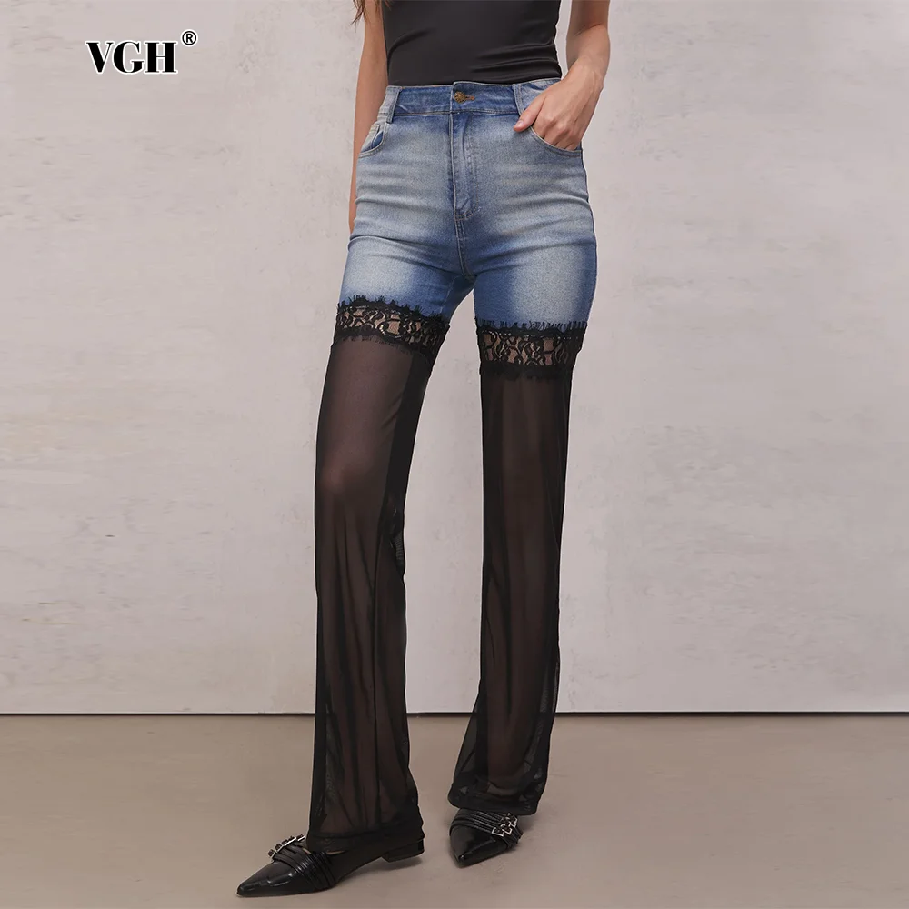 

VGH Hollow Out Patchwork Lace Denim Trousers For Women High Waist Spliced Pockets Loose Wide Leg Pants Female Fashion Style New