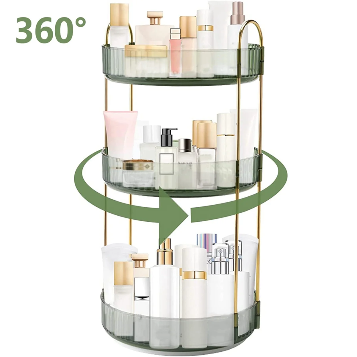 3 Tier High-Capacity Rotating Makeup Organizer 360° Rotation Make Up Organizer Box Cosmetic Organizer,Dark Green