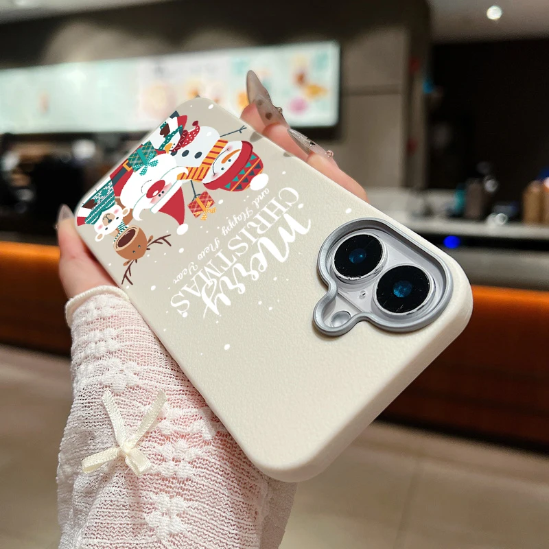 Santa Claus Snowman Christmas Case For iPhone 11 12 13 14 15 Pro Max SE Leather Texture Silicone Cover For iPhone 16 Pro Max