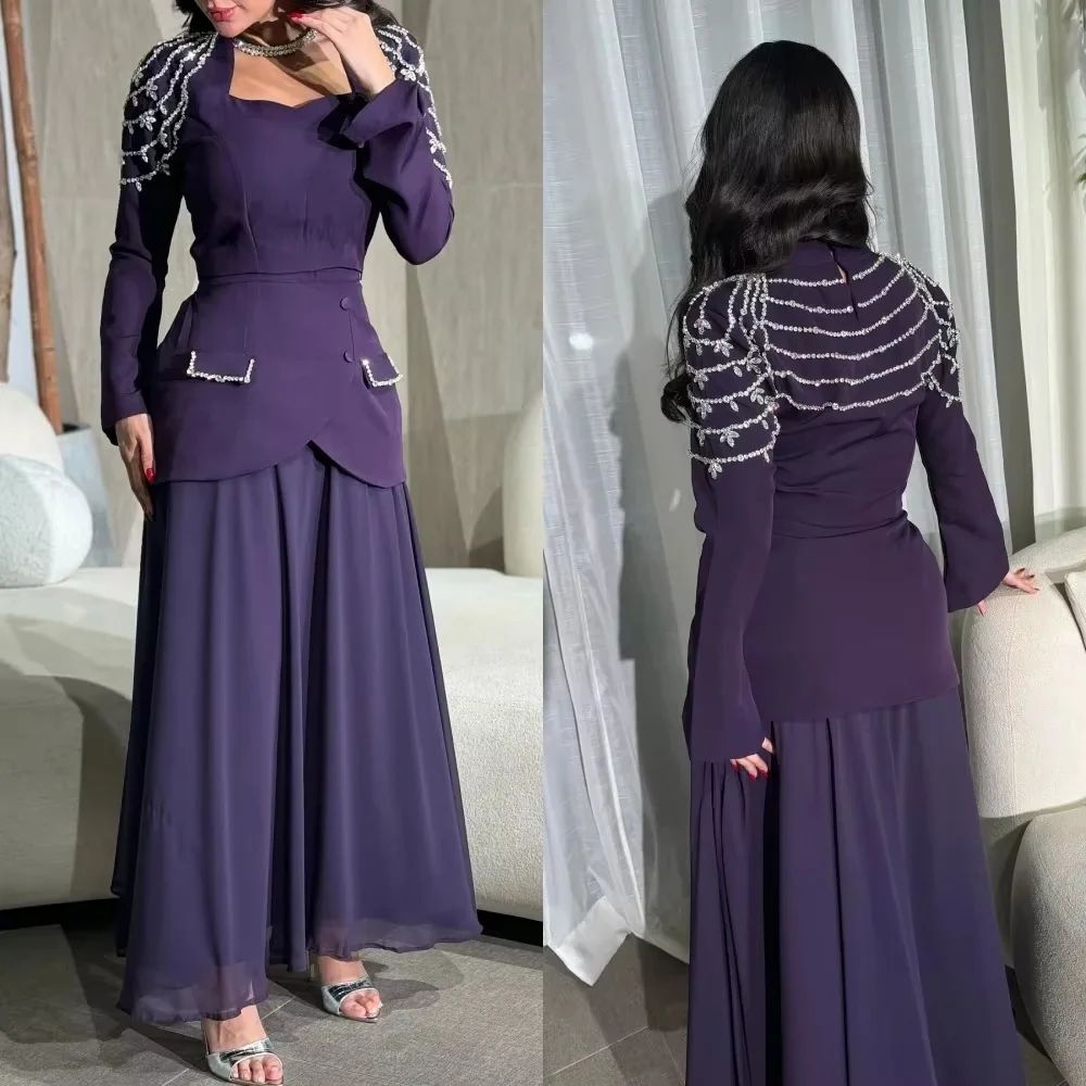 

Fashionable Romantic Prom Dress Charming Long Sleeve Beaded Evening dresses Floor Length Square Neck Red Carpet Dress luxury