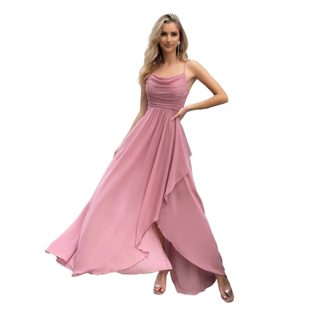 Chic Spaghetti Straps Ruched High Low Ruffles Cocktail Prom Dress