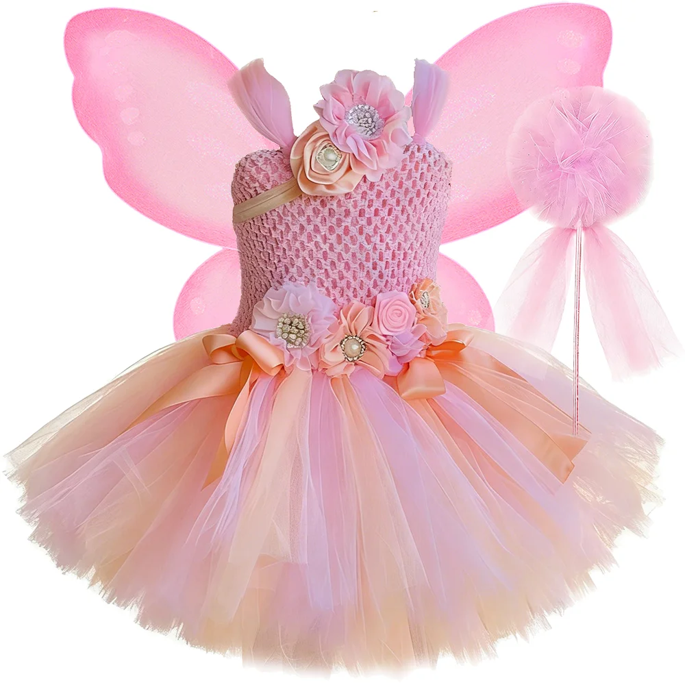 Pink Flower Fairy Princess Costumes Girls Butterfly Fairy Tutu Dress with Wings Wand Hairband Kids Woodland Elf Dress Up Outfit
