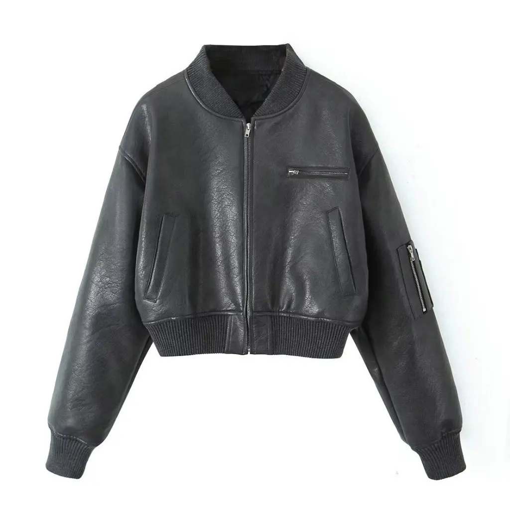 Dames Amerikaanse stijl retro rits jas jas warm katoen lange mouw PU leer mode winter bovenkleding