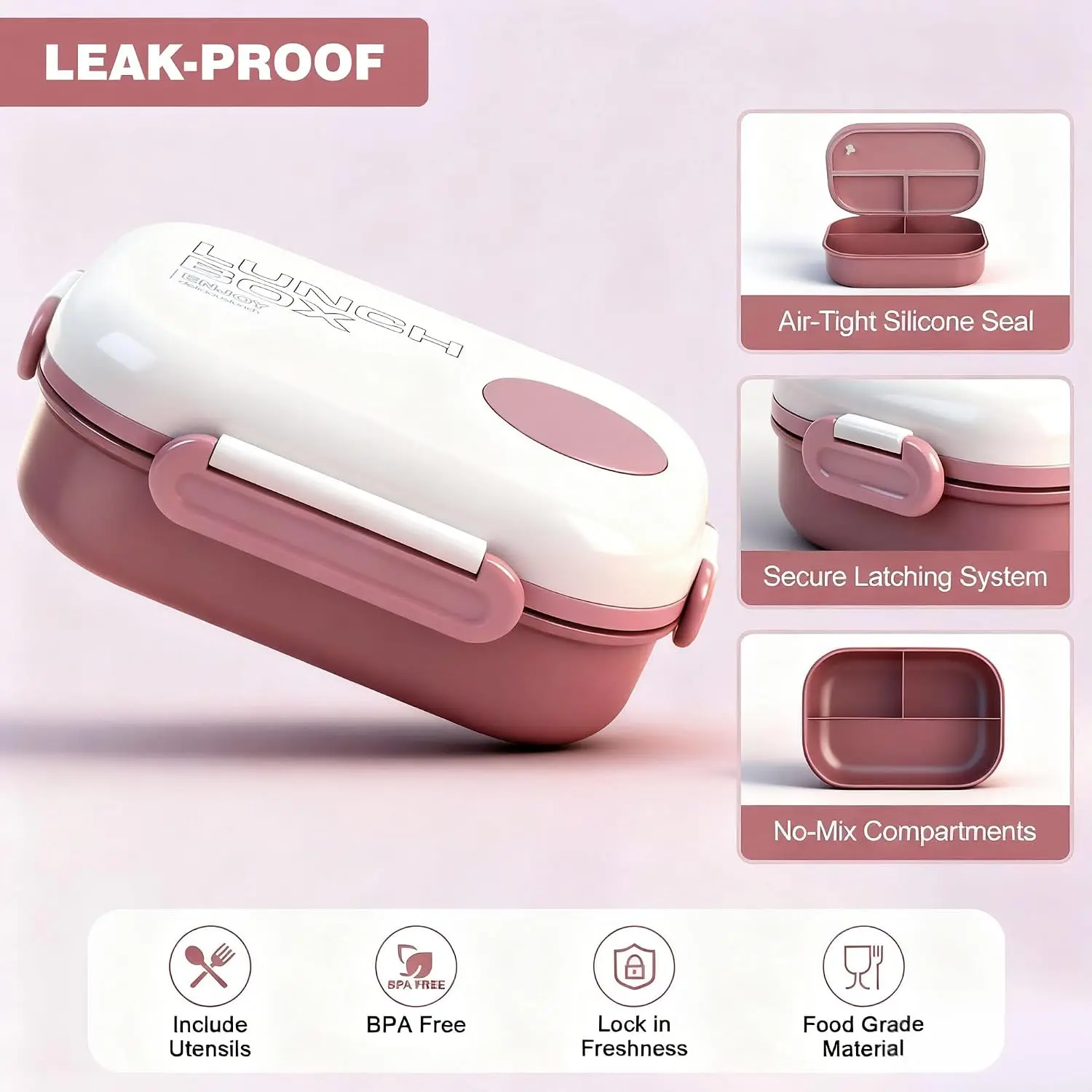 3-Compartment Bento Lunch Box Leak-Proof 37.2oz with Insulated Bag, Utensils & Sauce Container, BPA-Free, Microwave & Dishwasher Safe for School Work Travel - view 4