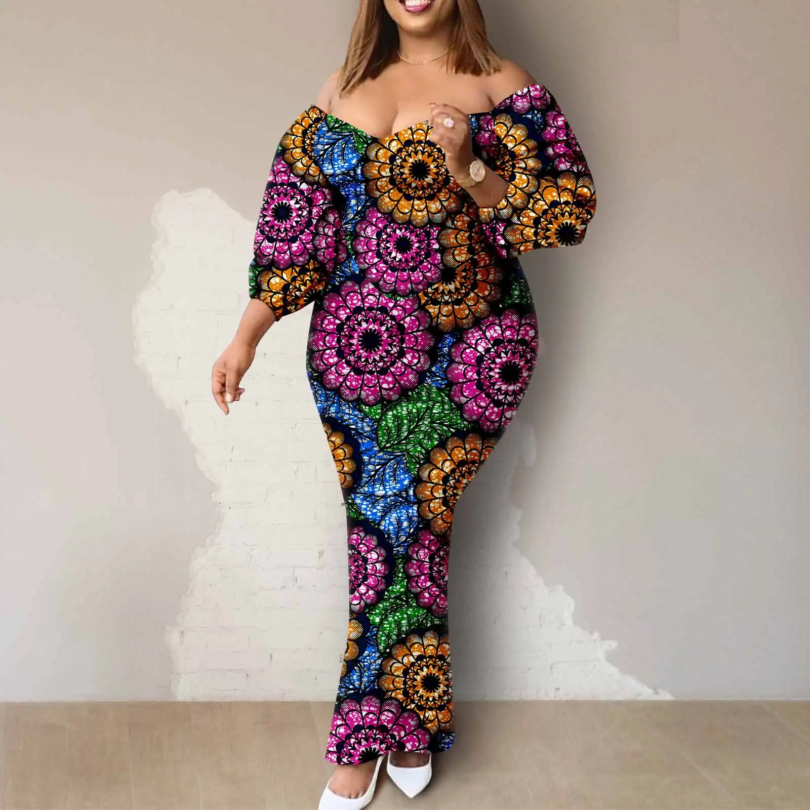 

Afripride African Women Ankara Printed Fabric Dress Customized Loose Sexy Bubble Sleeve Dresses 2425027