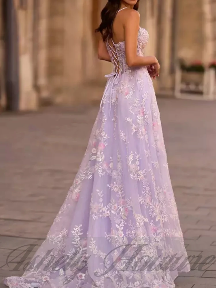 Robes de bal lilas de luxe personnalisées, col en V, ligne A, longueur au sol, fendues, vêtements pour occasions spéciales, fête de mariage, soirée formelle