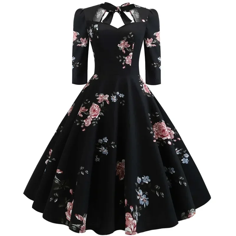 

Hepburn Retro Mid Sleeve Women Elegant Party Dress 1950s Floral Print Back Tie Pin Up Dress Vintage A Line Cotton Swing Dresses