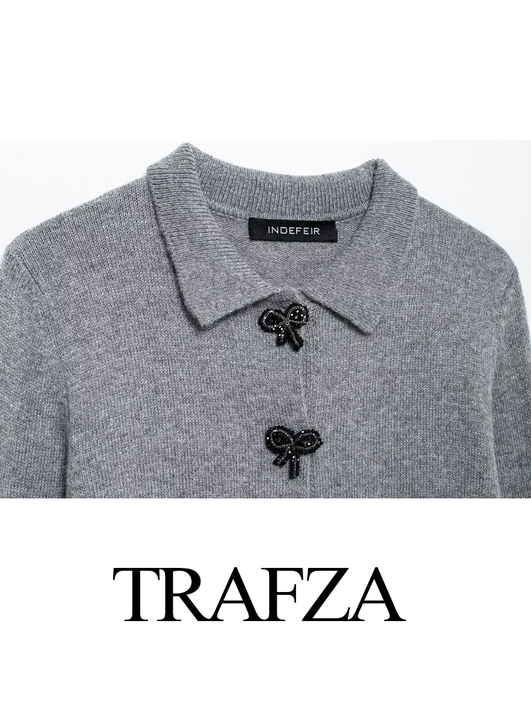 TRAFZA-jaqueta de malha comprida para mulheres, suéter de peito arco com bolso, adornada, elegante e elegante, rua alta, novidade para o outono