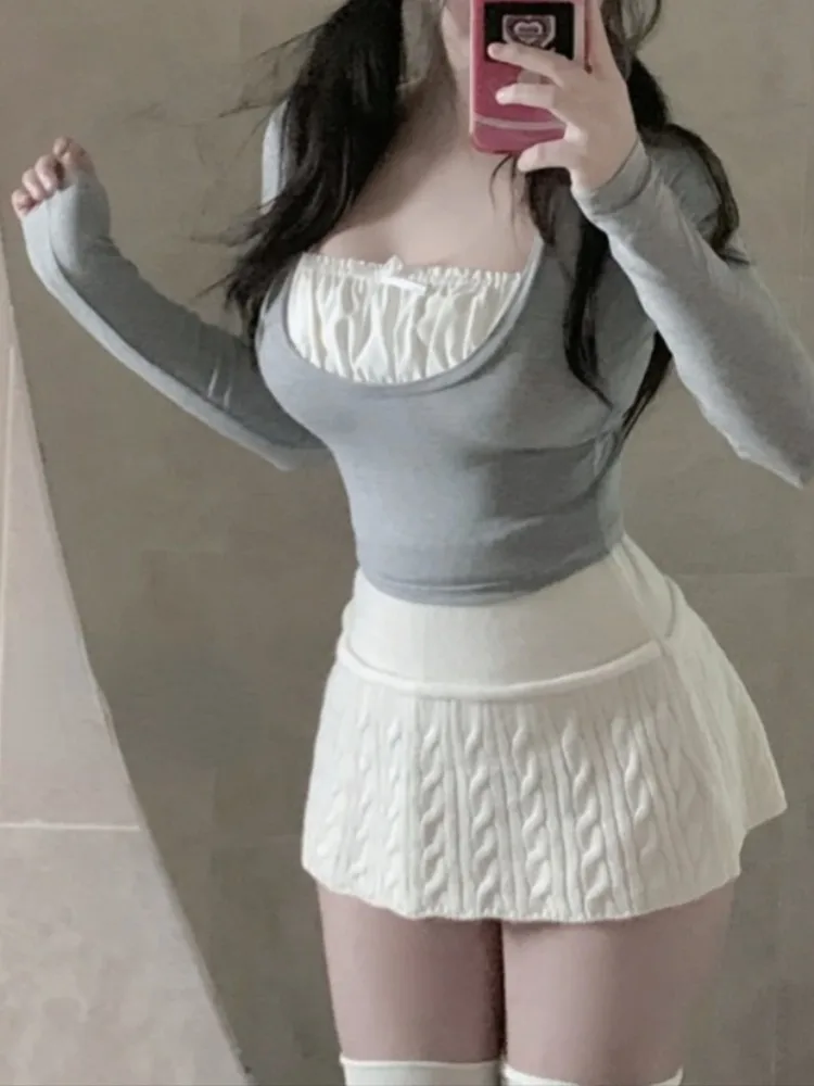 Fake Two Piece Long Sleeve Slim Fit Bow Tops Women+ Y2k Grunge High Waist Bodycon Skirts Spring New Knitted   Sets