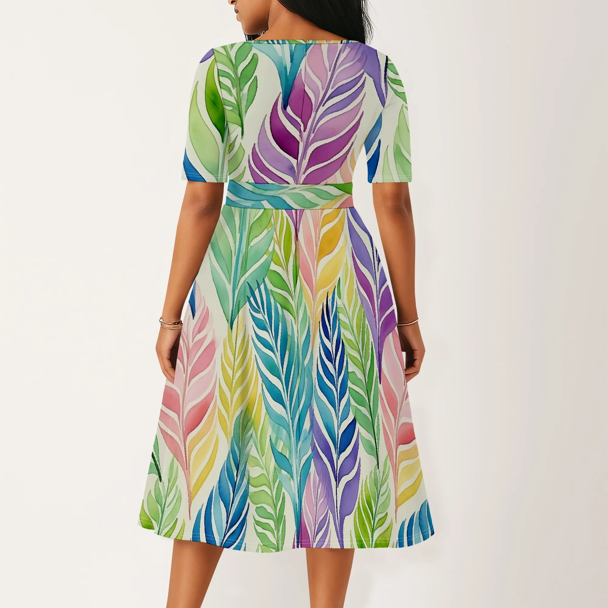 

Colorful Leaf Print Midi Dress for Women 2025 Belted A-Line Short Sleeve High Waist Dress for Spring Summer Church Wear XS-3XL