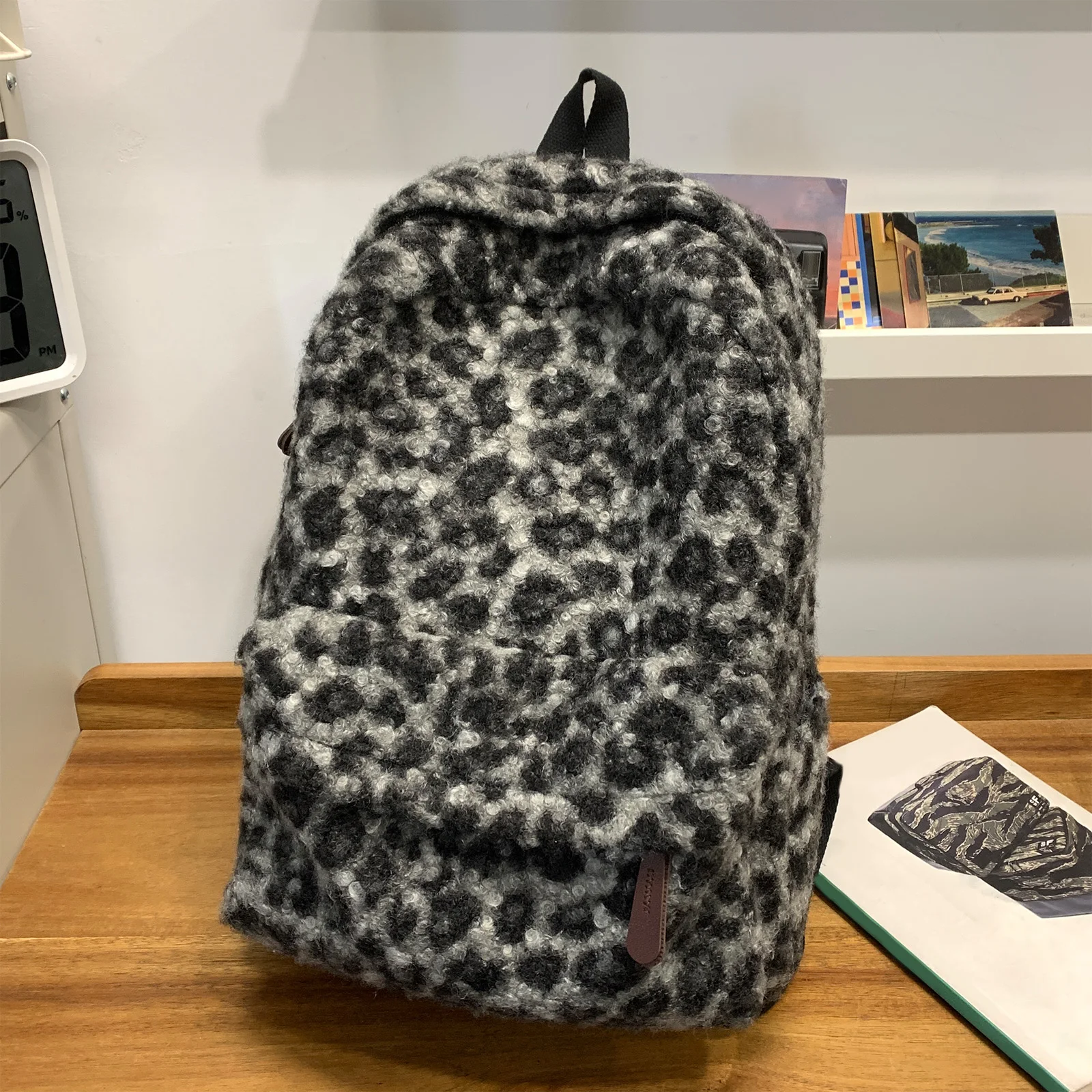 Leopard Print Laptop Backpack Large Retro Camping Daypack Fuzzy Aesthetic Backpack for Women Daily Work Travel and Shopping