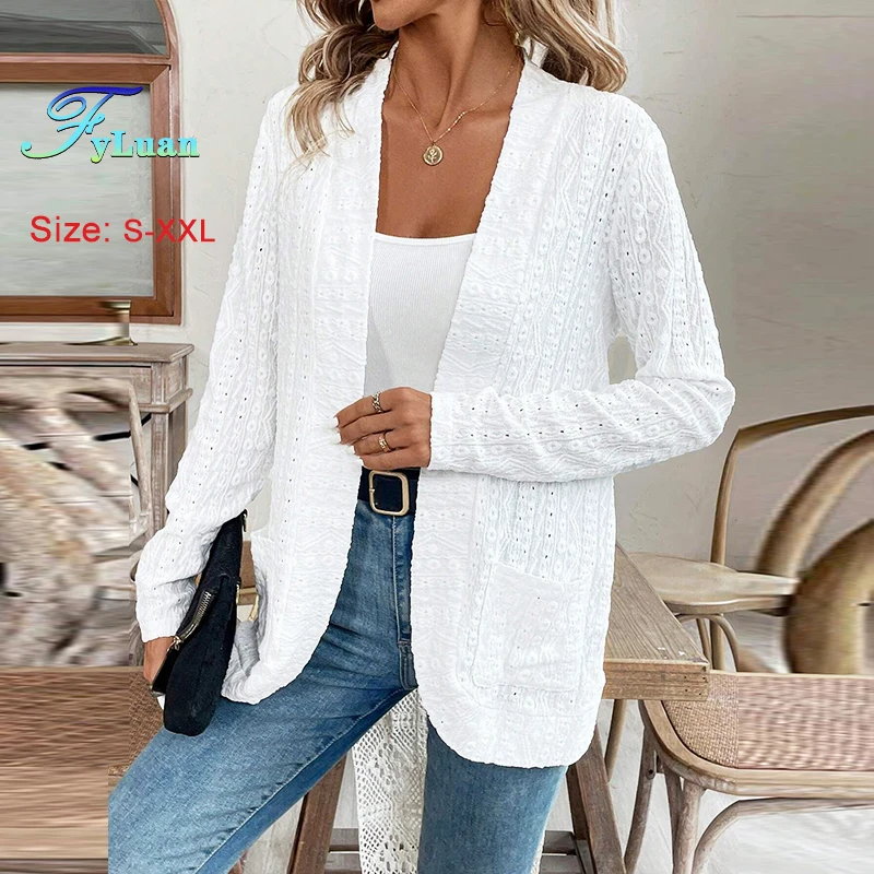 

2023 весенняя новая женская куртка с кружевным отложным воротником и двойным карманом, однотонное пальто с длинными рукавами, модный универсальный топ для поездок на работу