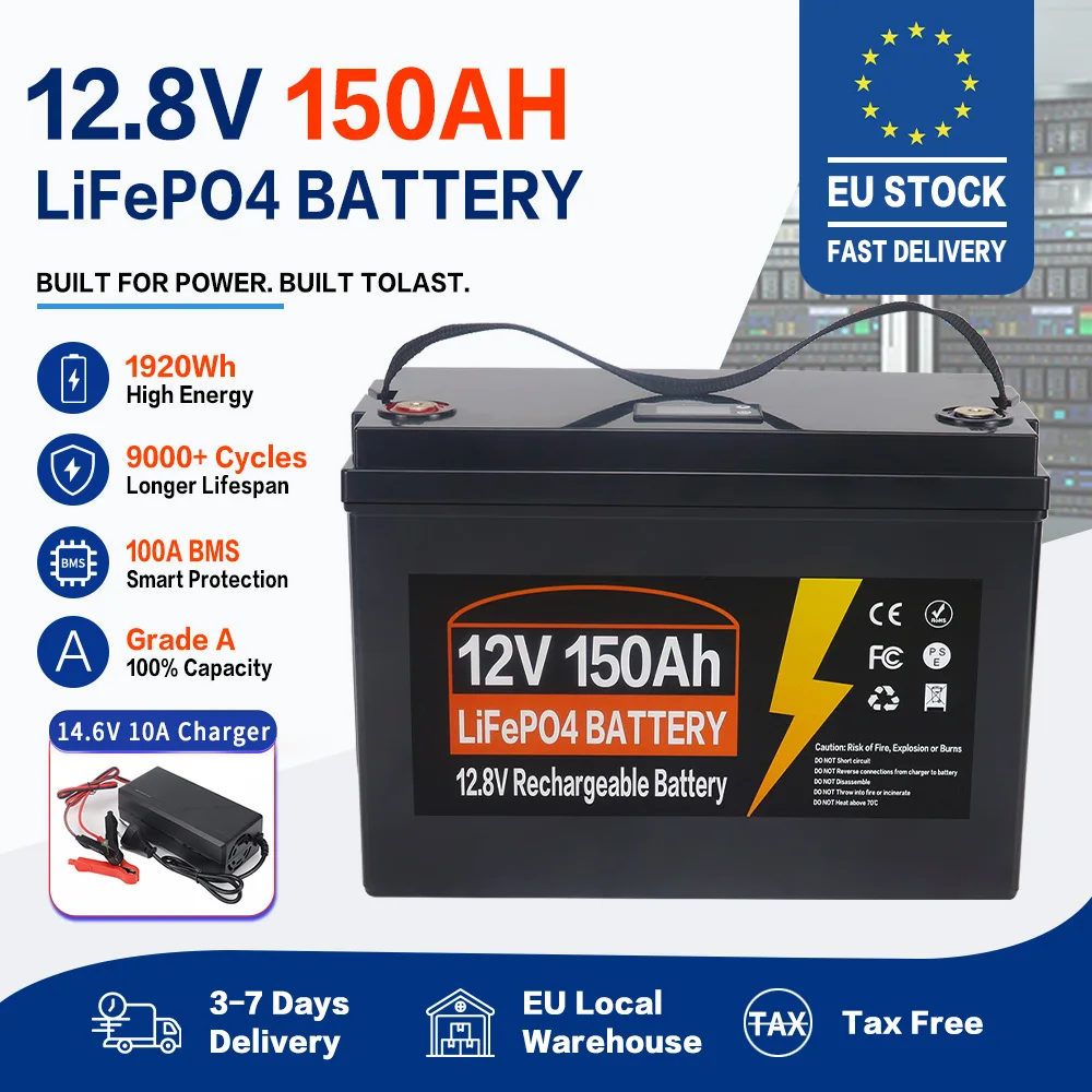 12V 24V 150Ah 350Ah LiFePO4-batterij met ingebouwde 100A BMS, 9000 cycli, lithium-ijzerfosfaatcel van klasse A, voor kamperen, varen en vissen, EU-voorraad, belastingvrij.