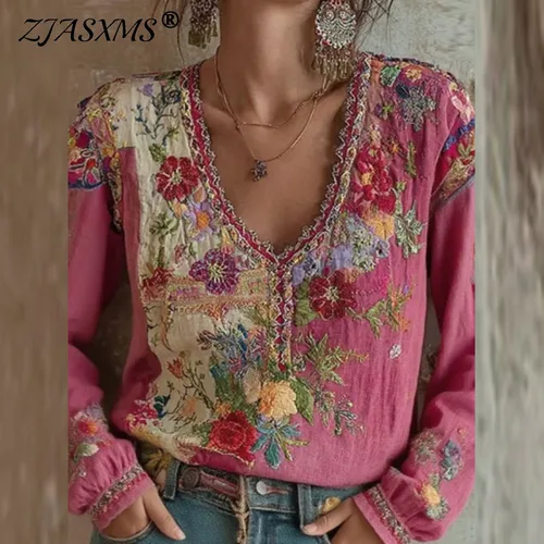 Ropa étnica Vintage con estampado Floral para mujer, blusa Sexy con escote en V profundo, camisas caladas, Top de manga larga, jersey Harajuku