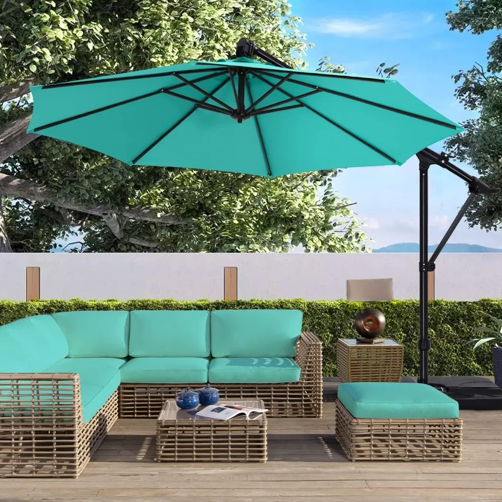 

10FT Cantilever Patio Umbrella with Base Stand, Offset Hanging Outdoor Umbrella, 360° Rotation & Tilt, Customized