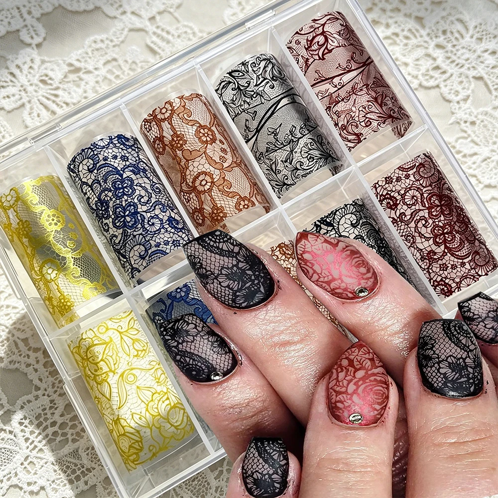10Rolls/Box Vintage Multi Color Retro Lace Nail Transfer Foil Stickers Red Black Floral Hollow Lace French Transfer Nail Decals