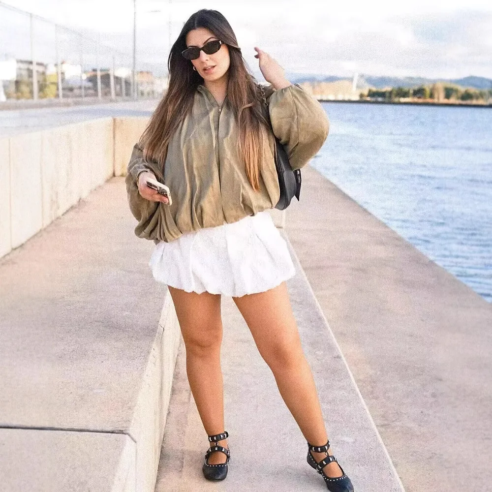 Fashion Puffy Aviator Jacket Zipper Bomber Jacket Long Sleeve Coats Spring Autumn Oversized Outerwear Design Tops Women Clothing