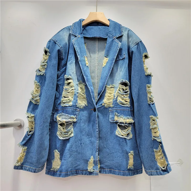 

Streetwear Women Blue Frayed Hole Denim Jacket Casual Notched Collar Long Sleeve Jeans Jacket Coat Spring Autumn Chaqueta Mujer