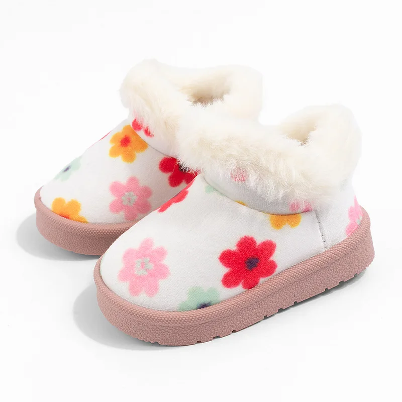 Winter New Children Floral Print Snow Boots Girls Cute Rabbit Fur Round Short Boots Baby Thicken Plush Warm Boots