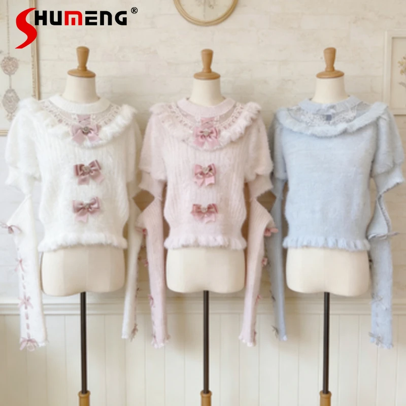 

Spring 2026 New Japanese Lolita Furry Bow Removable Sleeves Knitted Sweater Bottoming Top Women's Clothes Y2k Knitwear Pullovers