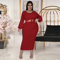 Haoohu soild costela de algodão afundado listra casual 2 peça terno feminino plus size define lanterna manga superior + saia roupas outono moda