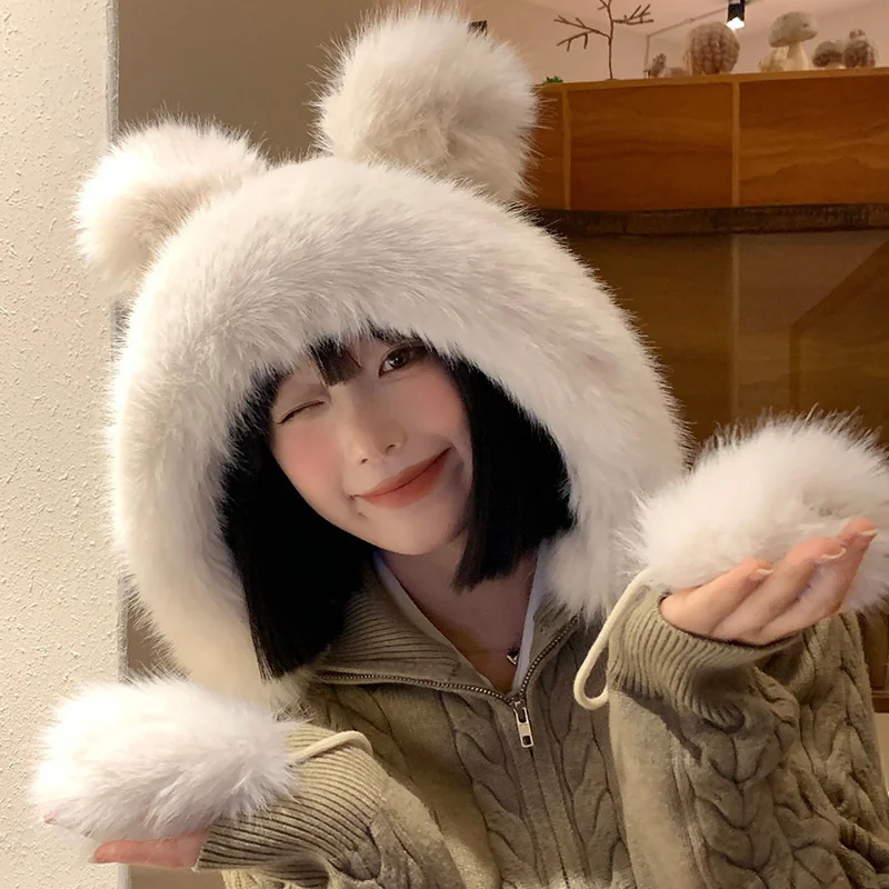 Cute Bear Ear Plush Hats For Women Girls Fluffy Thicken Imitation Mink Hair Ear Protection Bomber Hats Outdoor Warmer Caps