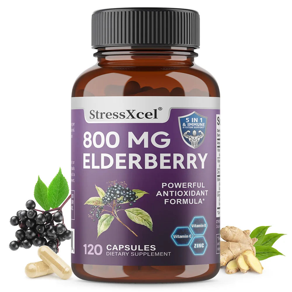 Elderberry Capsules 800mg Extract Supplement-with Vitamin C, Vitamin D, Zinc, Ginger, Antioxidant, Immune Support, 120 Capsules