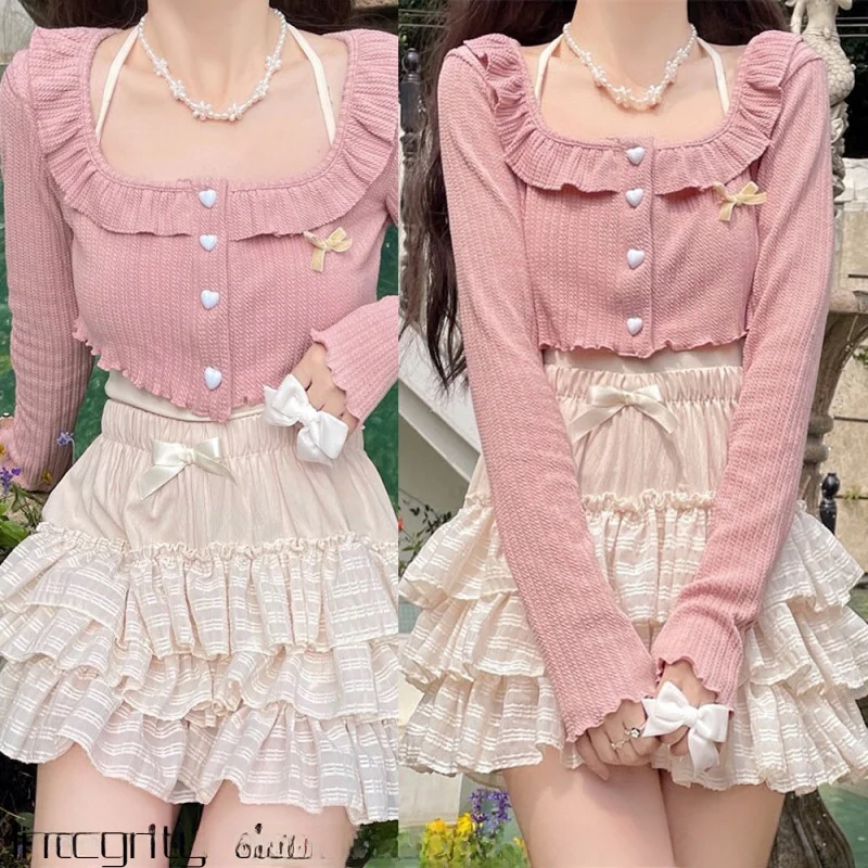 

Милая женская футболка в стиле принцессы с кружевными вставками, короткий сексуальный топ из смесового хлопка, дышащая и удобная юбка в стиле принцессы