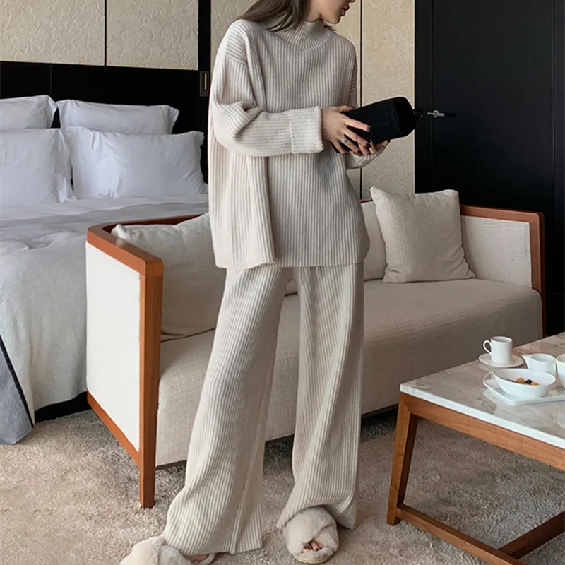 

2024 Winter Thick Women Suits Loose Sweater Tops+High Waist Wide Legs Long Pants Autumn Solid Causal Warm 2 Piece Sets E1333