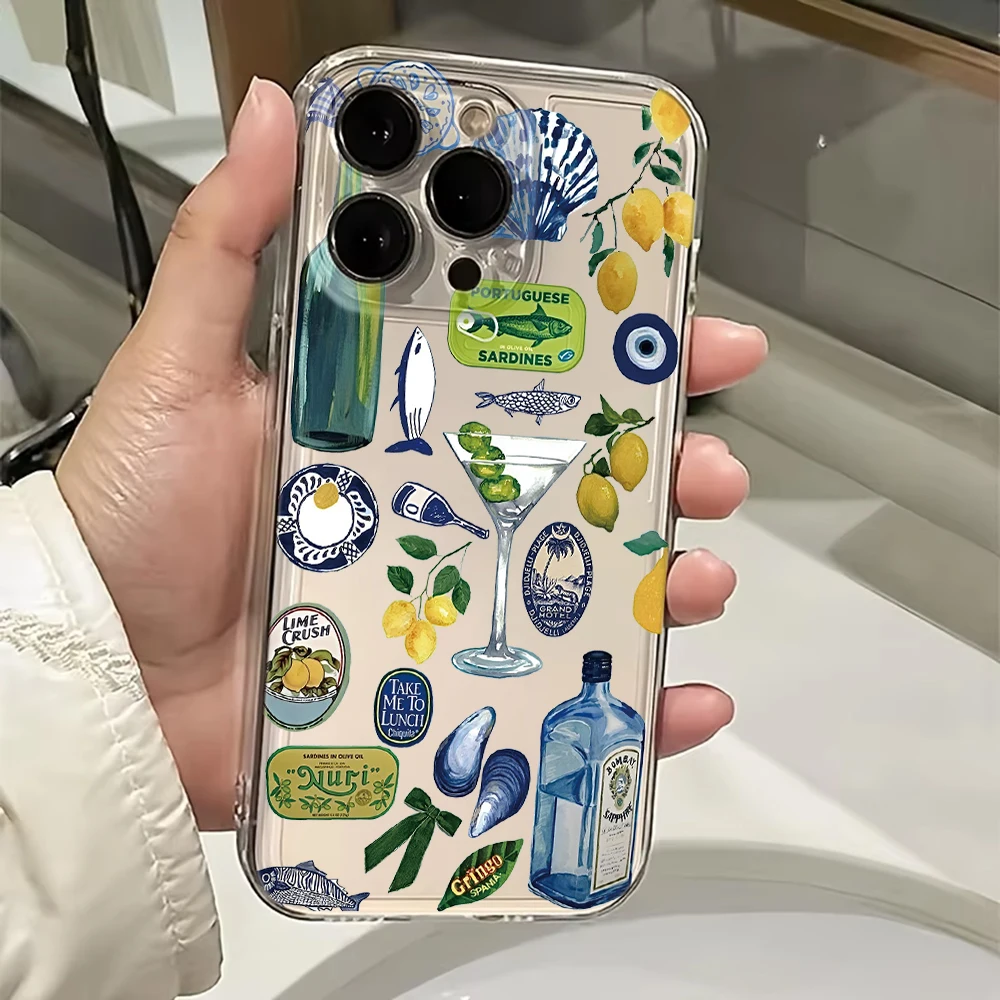 Funda de teléfono Seaside Wine Lemon para vivo V40 V30e V29e V27 V25 V23 Y28 Y03 Y17s Y100 Y36 Y27 Y16 Y19s Y35 4G 5G cubierta transparente de TPU