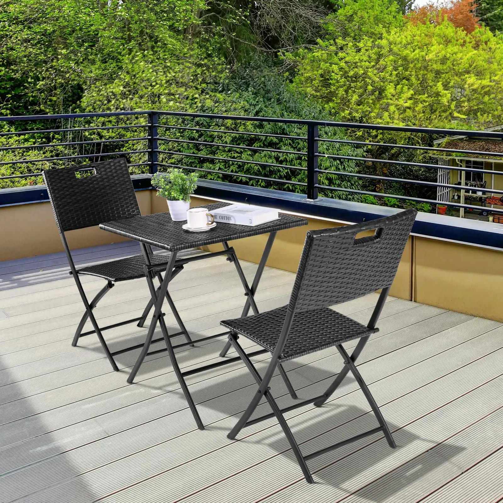 Ensemble de meubles de balcon en rotin, design pliable, ensemble de meubles de jardin 3 pièces, table de balcon avec 2 chaises pliantes, pour jardin, terrasse, cafés