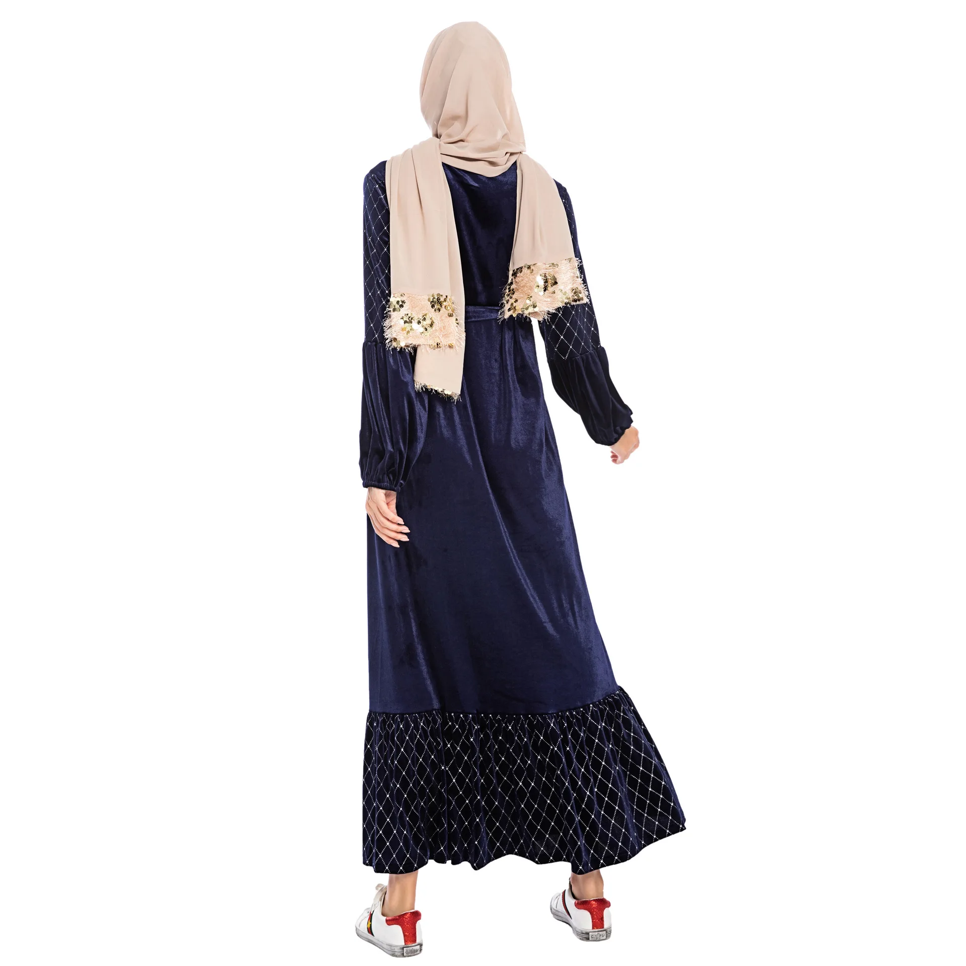 Thick Corduroy Muslim Dubai Abaya Patchwork Simple Long Dresses Women with Sashes Islam Clothing Abaya Lace-up Dresses for Women