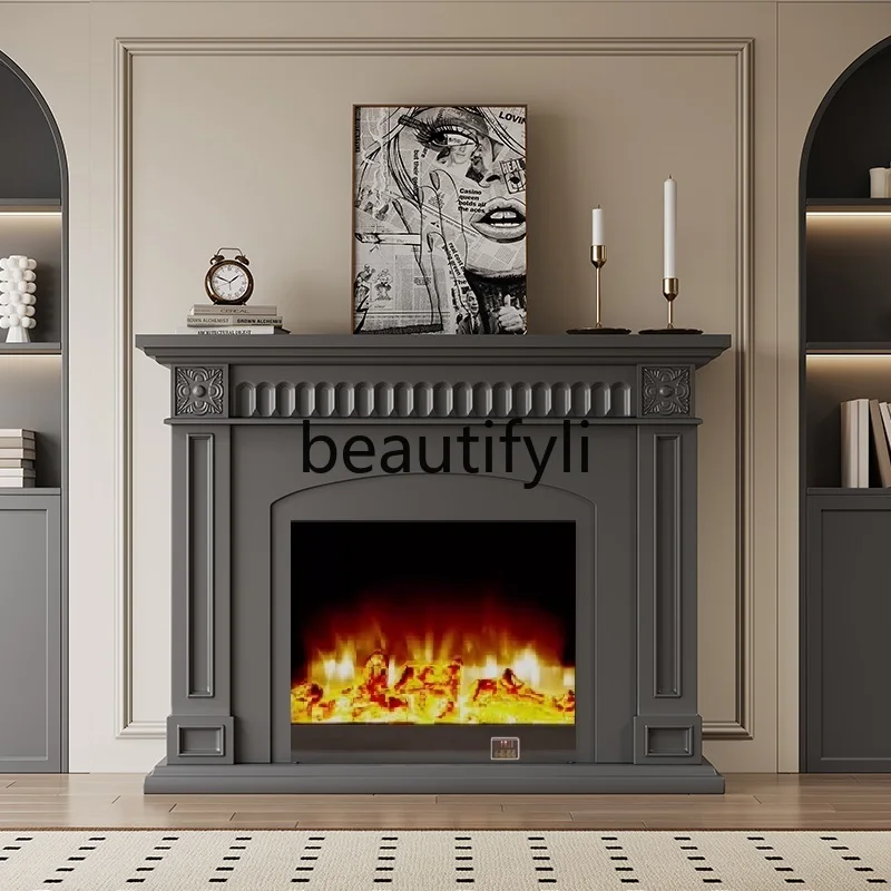 French Electronic Simulation Flame Fireplace Cabinet Decorative Cabinet Shelf Solid Wood Black American Living Room