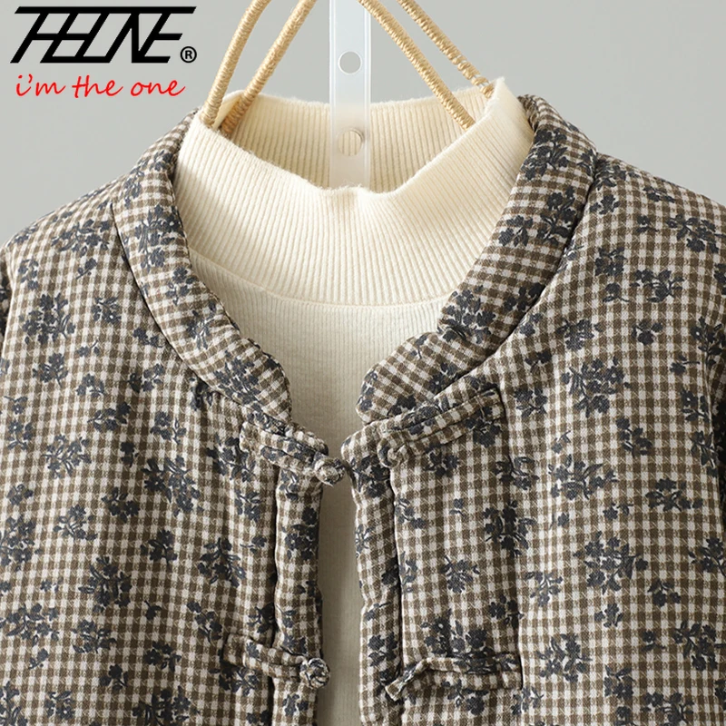 THHONE Giacca invernale Parka Donna Plaid Addensare Abito caldo Vintage Casual Stile cinese Cappotto di lino in cotone allentato Capispalla Top