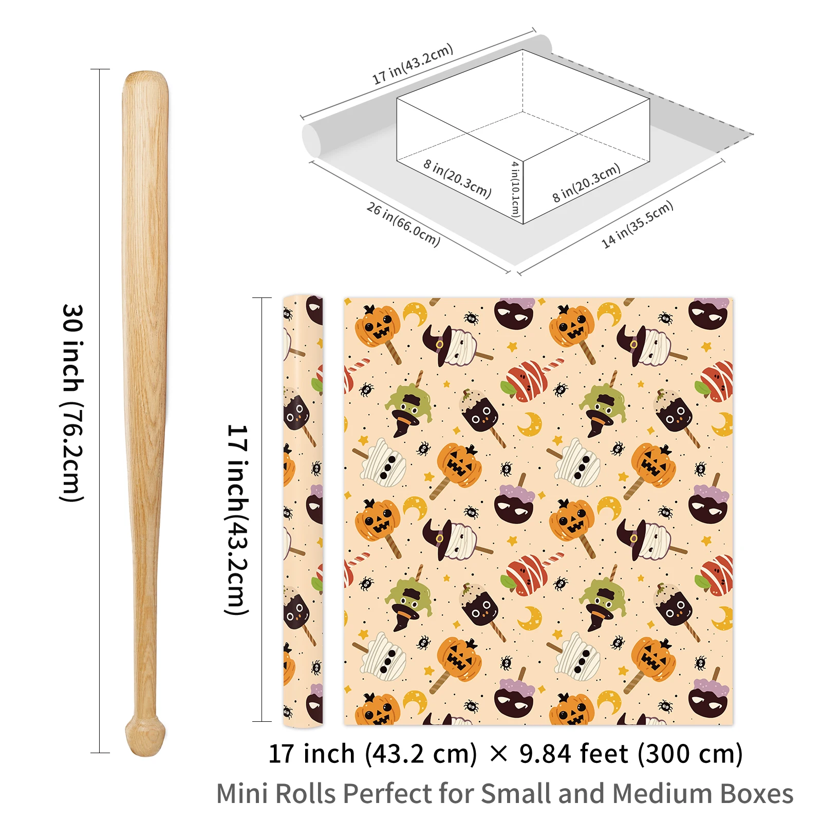 1 Roll of Light Apricot-Colored Cartoon Halloween-Themed Popsicle Candy Pattern Gift Wrapping Paper, Suitable for Halloween Holiday Gift Box Packaging, Halloween Parties, Birthday Celebrations, DIY Floral Arrangements,