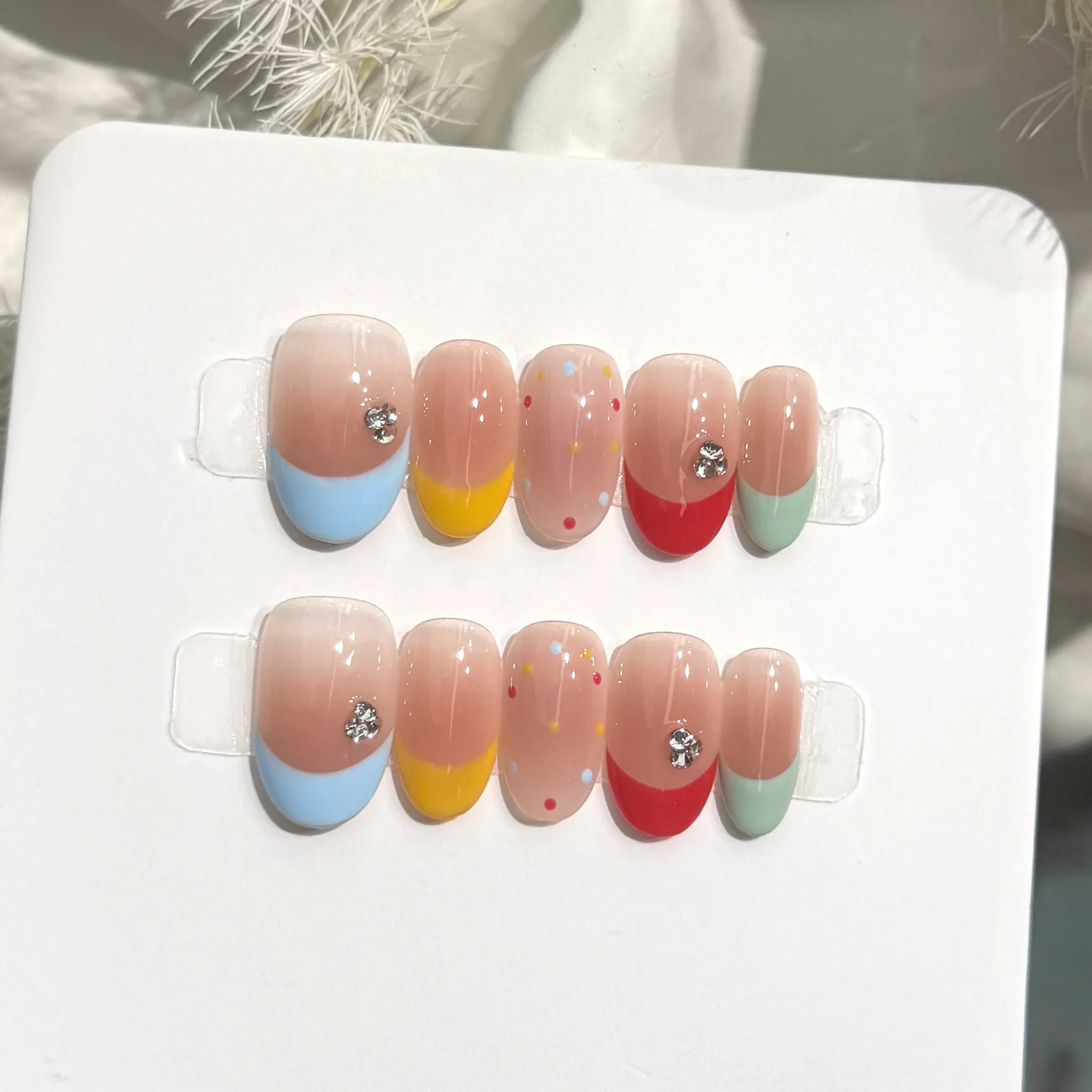 10PCS Handmade Nails Sugar Dot Fantasy Color Nude French Wearable Nails Multicolor Polka Dot Rhinestone Sweet Style