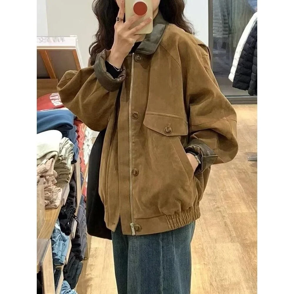 

Мужская коричневая замшевая куртка Jaet Autumn Faion, брендовая рабочая одежда с отложным воротником, повседневная дизайнерская рабочая одежда с верхней стойкой, длинный све