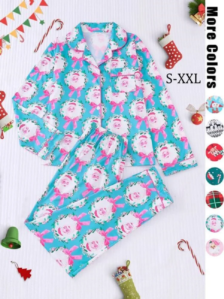 بدلة نسائية مكونة من قطعتين مطبوعة على شكل شجرة عيد الميلاد بأكمام طويلة وأزرار لأعلى، طقم سراويل واسعة الساق، بيجامة مريحة، بدلة كاجوال منزلية