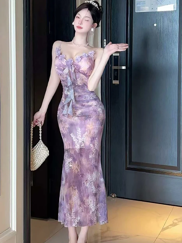 2025 neue Rosa Floral Mesh Rüschen Sexy Sling Langes Kleid Frauen Boho Elegante Casual Kleid Sommer Koreanische Mode Bodycon Prom Kleid
