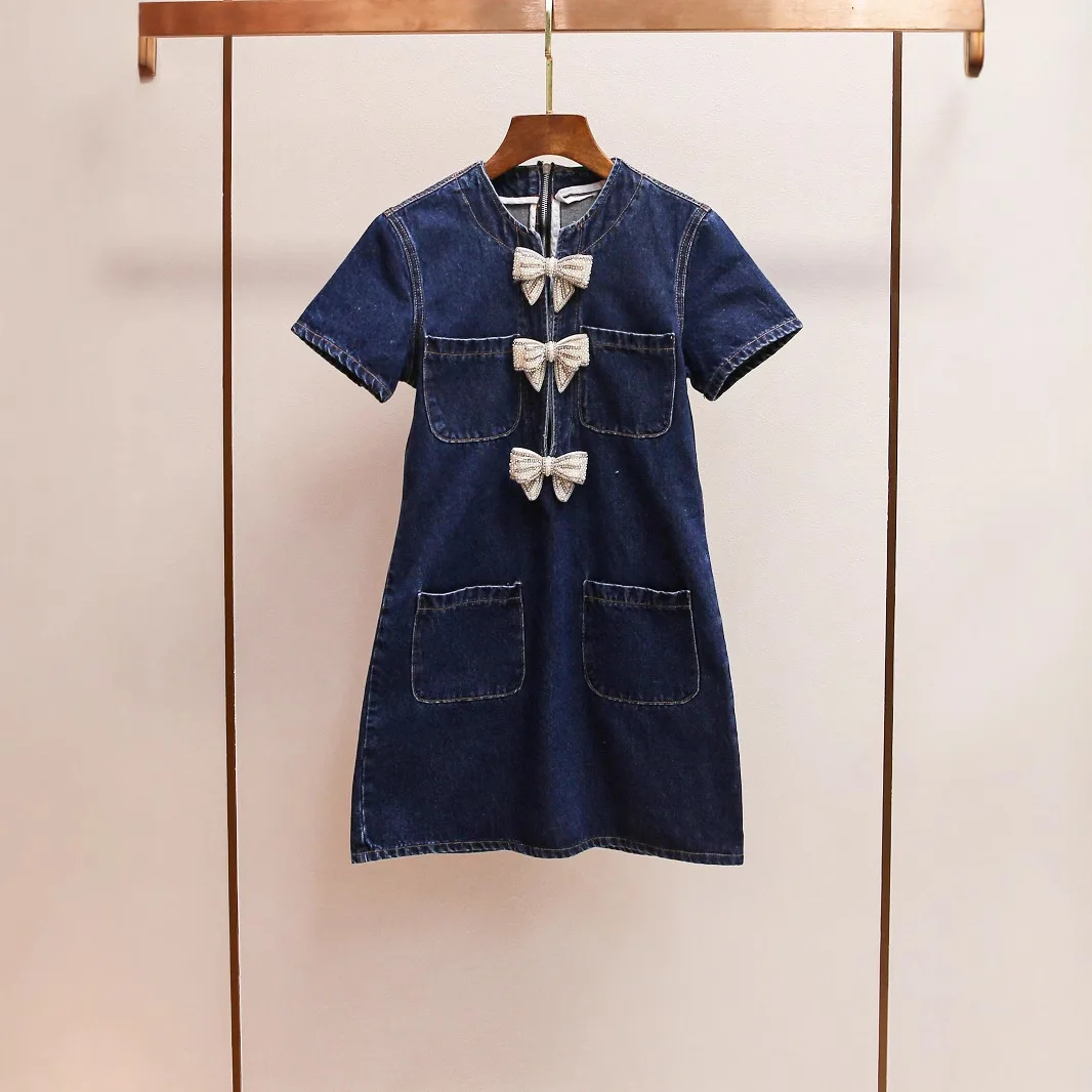 

SP Home Spring Summer Hollow out Short Sleeve round Neck Pocket Denim Dress Diamond Embedded Knot High Waist Commut...