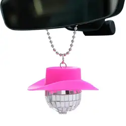 Pink Cowgirl CowBoy Hat Car Charm Rear View Mirror Hanging Disco Ball Bling Keychain Western Accessories Bag Decor Car Makeover