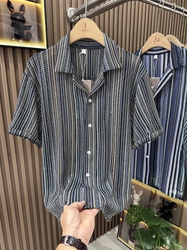 

Casual Cuban Collar Shirt Men's Hollow Design Short Sleeve Breathable Lightweight Fashionable Polyester Fiber Summer Shirt