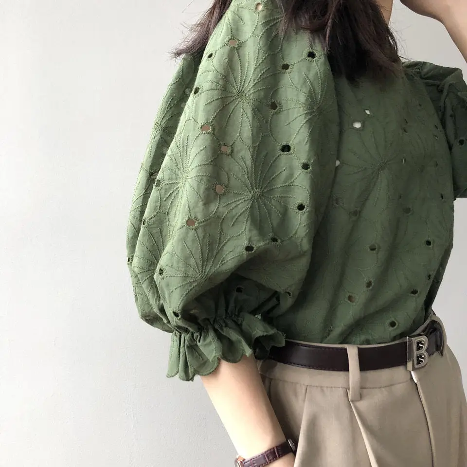 Spring Summer Elegant Ruffles Blouse Hollow Out Shirt 3/4 Sleeve O-Neck Embroidery Floral Tops Female Fashion Casual Shirt