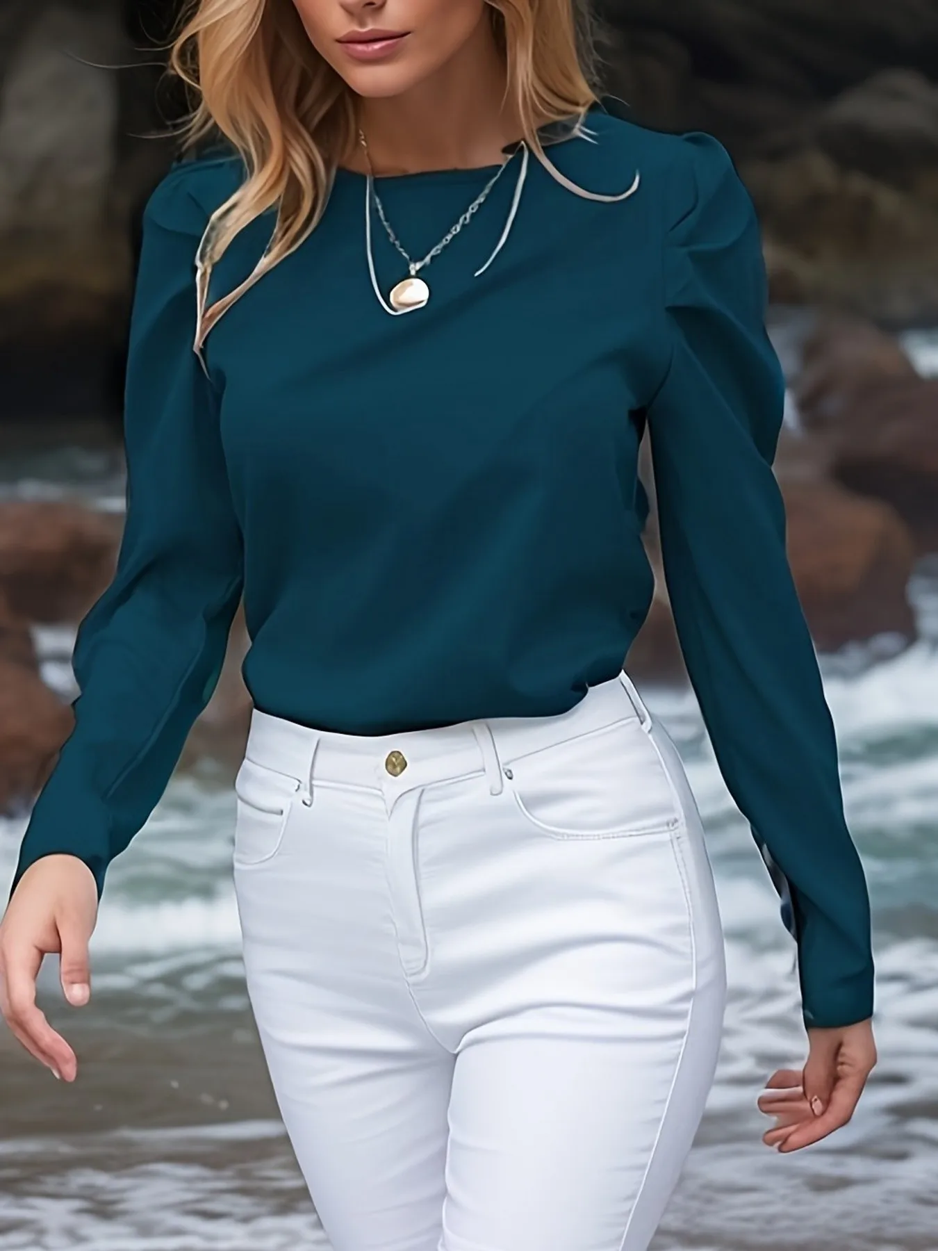 Chic Ruched Shoulder Blouse - Long Sleeve, Comfortable Fit, Versatile Style for Every Occasion