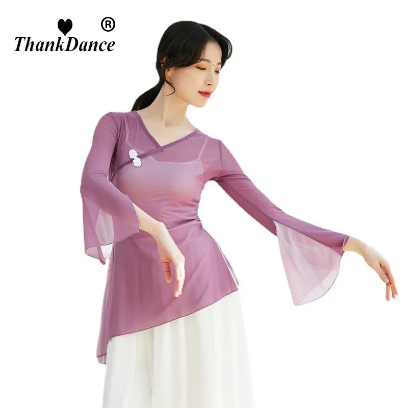 

Женская классическая танцевальная рубашка, одежда в китайском стиле ретро с пряжкой, древняя рифма, марлевые полупрозрачные топы с длинными рукавами, костюм для народного танца