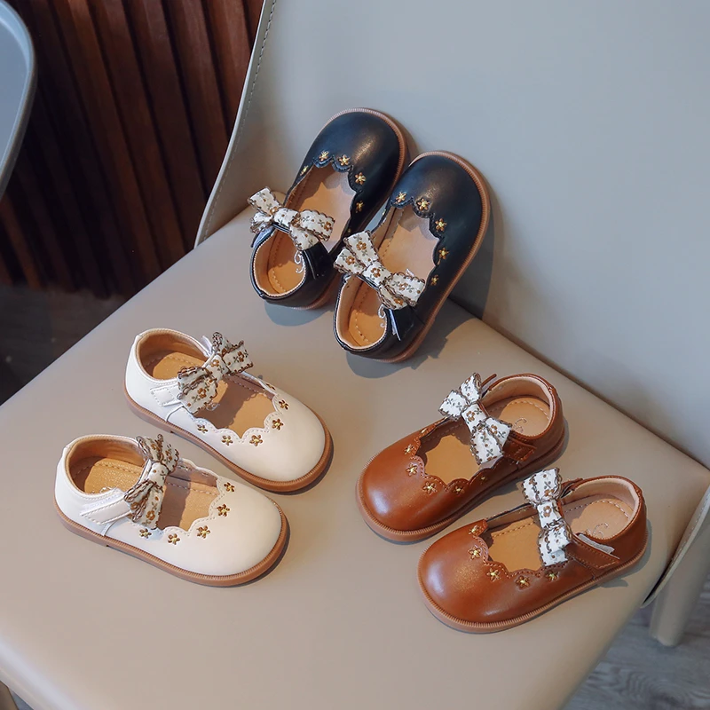 

Girl Princess Brown Flower Flat Kids Single Shoes Beige Soft Bottom Non-slip Children's Baby Kids Shoe